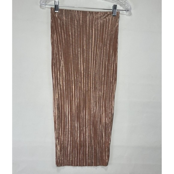 Women Metallic Golden Midi Skirt Size 4 Pleated Stretch - Picture 2 of 11